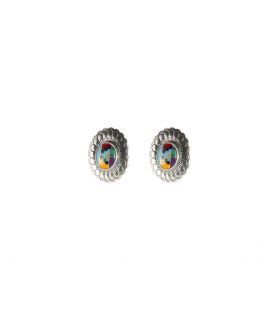 LARG NATIVE AMERICAN NAVAJO CONCHOS EARRINGS, SILVER AND MULTICOLORED STONES