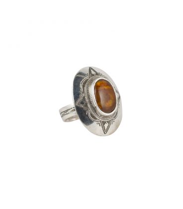 GROSSE BAGUE TOUAREG, ARGENT ET AMBRE, COLLECTION AFRIQUE, POUR FEMME 