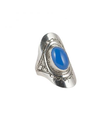 Chevalière Touareg en Argent travaillé et Agate bleue, Collection Afrique, pour femme