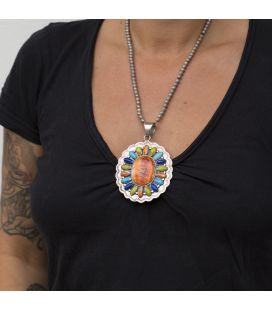 Pendentif Navajo "Soleil" En Spiney Oyster et pierres sur Argent 925, pour femme