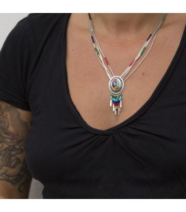 NATIVE AMERICAN LIQUID SILVER CONCHO NECKLACE, SILVER AND MULTICOLORED STONES, WOMEN AND KIDS