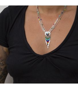 Collier "Liquid Silver", 5 rangs multicolores, médaillon Zuni coeur et pampilles, pour femme et enfant.