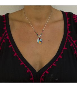 COLLIER ZUNI "LIQUID SILVER" , pendentif en marqueterie de pierre sur Argent, pour femme et enfant 