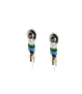 LARG NATIVE AMERICAN NAVAJO CONCHOS EARRINGS, SILVER AND MULTICOLORED STONES