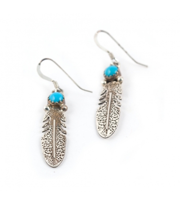 Silver and Turquoise 2 Feather Earrings, from Native American Navajo, woman or girl