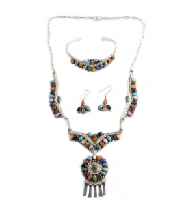 Parure Femme : Collier-Bracelet-Boucles, origine Amérindien Navajo, Argent et Pierres, ensemble ou séparément