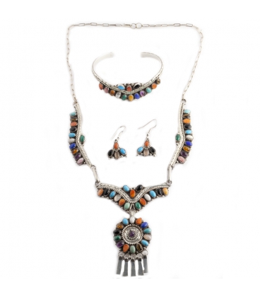 Parure Femme : Collier-Bracelet-Boucles, origine Amérindien Navajo, Argent et Pierres, ensemble ou séparément