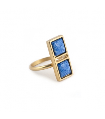 "DOUBLE SQUARE"RING , GOLD PLATED and DENIM LAPIS, for women